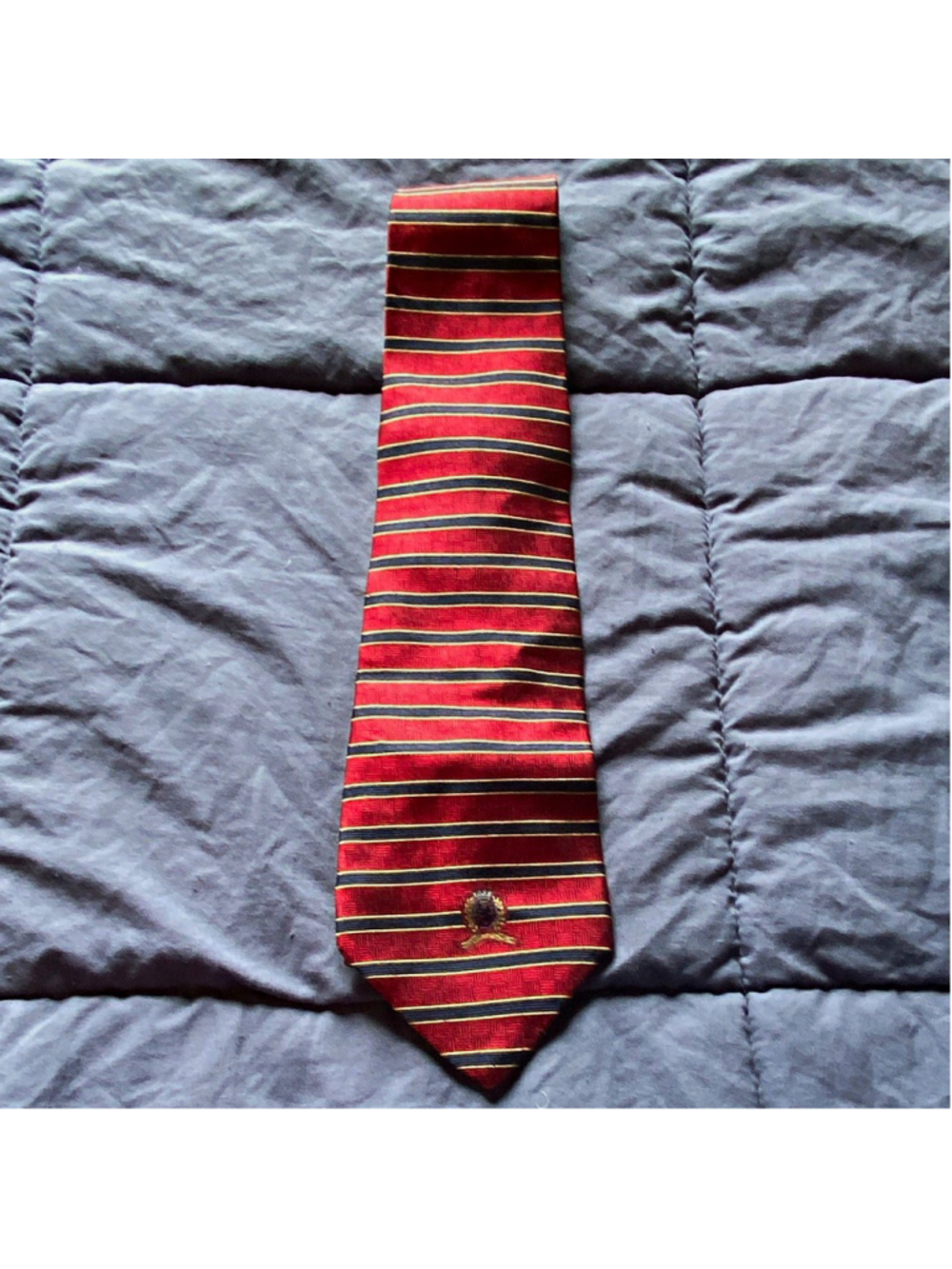 Tommy Hilfiger 100% Silk Woven Tie Red Navy Gold Striped Logo One Size